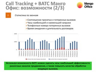7
Call Tracking + ВАТС Манго
Офис: возможности (2/3)
2. Статистика по звонкам
Соотношение принятых и потерянных вызовов
Часы наибольшей и наименьшей загрузки
Телефонные номера потерянных вызовов
Время ожидания и длительность разговоров
Используя возможности ВАТС можно оценить часы наибольшей эффективности
различных каналов продвижения, а также повысить качество обработки
входящих вызовов.
 