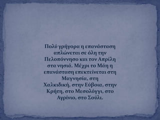 Πολϑ γρόγορα η επανϊςταςη
απλώνεται ςε ϐλη την
Πελοπϐννηςο και τον Απρύλη
ςτα νηςιϊ. Μϋχρι το Μϊη η
επανϊςταςη επεκτεύνεται ςτη
Μαγνηςύα, ςτη
Φαλκιδικό, ςτην Εϑβοια, ςτην
Κρότη, ςτο Μεςολϐγγι, ςτο
Αγρύνιο, ςτο ΢οϑλι.
 