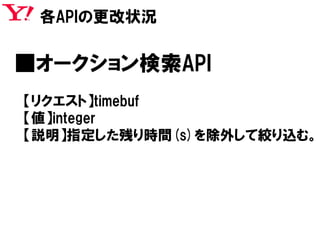 ■オークション検索API
【リクエスト】timebuf
【値】integer
【説明】指定した残り時間(s)を除外して絞り込む。
各APIの更改状況
 