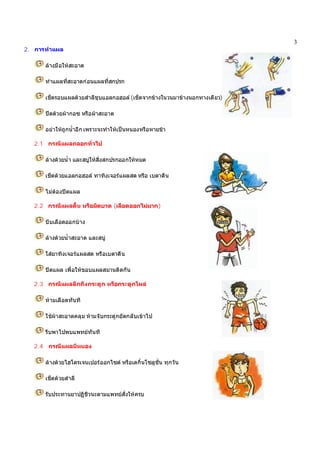 3
2. การทําแผล
ลางมือใหสะอาด
ทําแผลที่สะอาดกอนแผลที่สกปรก
เช็ดรอบแผลดวยสําลีชุบแอลกอฮอล (เช็ดจากขางในวนมาขางนอกทางเดียว)
ปดดวยผากอซ หรือผาสะอาด
อยาใหถูกน้ําอีก เพราะจะทําใหเปนหนองหรือหายชา
2.1 กรณีแผลถลอกทั่วไป
ลางดวยน้ํา และสบูใหสิ่งสกปรกออกใหหมด
เช็ดดวยแอลกอฮอล ทาทิงเจอรแผลสด หรือ เบตาดีน
ไมตองปดแผล
2.2 กรณีแผลตื้น หรือมีดบาด (เลือดออกไมมาก)
บีบเลือดออกบาง
ลางดวยน้ําสะอาด และสบู
ใสยาทิงเจอรแผลสด หรือเบตาดีน
ปดแผล เพื่อใหขอบแผลสมานติดกัน
2.3 กรณีแผลลึกถึงกระดูก หรือกระดูกโผล
หามเลือดทันที
ใชผาสะอาดคลุม หามจับกระดูกยัดกลับเขาไป
รีบพาไปพบแพทยทันที
2.4 กรณีแผลมีหนอง
ลางดวยไฮโดรเจนเปอรออกไซด หรือเดกิ้นโซลูชั่น ทุกวัน
เช็ดดวยสําลี
รับประทานยาปฏิชีวนะตามแพทยสั่งใหครบ
 