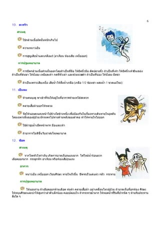 6
10. ตะคริว
สาเหตุ
ใชกลามเนื้อมัดนั้นหนักเกินไป
ความหนาวเย็น
การสูญเสียน้ําและเกลือแร (อาเจียน ทองเสีย เหงื่อออก)
การปฐมพยาบาล
การยืดกลามเนื้อสวนนั้นออกโดยถาเปนที่มือ ใหยืดนิ้วมือ ดัดปลายนิ้ว ถาเปนที่เทา ใหยืดนิ้วเทายืนเขยง
ถาเปนที่ตนขา ใหนั่งลง เหยียดเทา กดที่หัวเขา และชวยนวดเทา ถาเปนที่นอง ใหนั่งลง ยืดขา
ถาเปนเพราะเสียเหงื่อ เสียน้ํา ใหดื่มน้ําเกลือ (เกลือ 1/2 ชอนชา ผสมน้ํา 1 ขวดแมโขง)
11. เปนลม
หามคนมุงดู พาเขาที่รมใหอยูในที่อากาศถายเทไดสะดวก
คลายเสื้อผาออกใหหลวม
จัดใหนอนตะแคงหนาไปขางใดขางหนึ่ง เพื่อปองกันในเรื่องทางเดินหายใจอุดตัน
โดยเฉพาะลิ้นของผูปวย มักจะตกไปทางดานหลังของลําคอ ทําใหหายใจไมออก
ใชผาชุบน้ําเช็ดหนาผาก มือและเทา
ถาอาการไมดีขึ้น รีบนําสงโรงพยาบาล
12. ช็อค
สาเหตุ
จากโรคหัวใจกําเริบ เกิดการบาดเจ็บรุนแรงมาก ไฟไหมน้ํารอนลวก
เลือดออกมาก กระดูกหัก อาเจียน หรือทองเสียรุนแรง
อาการ
หนาวเย็น เหงื่อออก เวียนศีรษะ หายใจเร็วขึ้น ชีพจรเร็วแตแผว กลัว กระหาย
การปฐมพยาบาล
ใหนอนราบ ถาเลือดออกหามเลือด หมผา คลายเสื้อผา อยาเคลื่อนไหวผูปวย ถาบาดเจ็บที่อกทอง ศีรษะ
ใหหนุนศีรษะและบาใหสูงกวาลําตัวเล็กนอย คอยปลอบใจ ถากระหายน้ํามาก ใหหยดน้ําที่ริมฝปากนิด ๆ หามรับประทาน
สิ่งใด ๆ
 