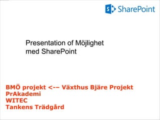 BMÖ projekt <-– Växthus Bjäre Projekt
PrAkademi
WITEC
Tankens Trädgård
Presentation of Möjlighet
med SharePoint
 