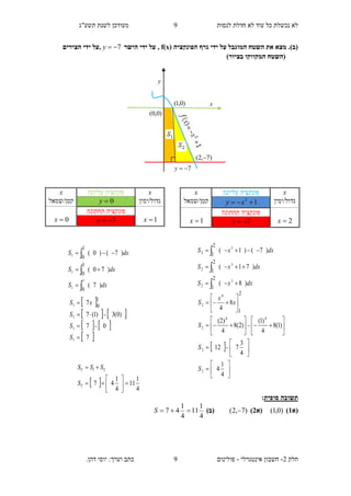 ‫תשע"ג‬ ‫לשנת‬ ‫מעודכן‬ ‫לנסות‬ ‫חדלת‬ ‫לא‬ ‫עוד‬ ‫כל‬ ‫נכשלת‬ ‫לא‬
‫חלק‬2-‫אינטגרלי‬ ‫חשבון‬-.‫דהן‬ ‫יוסי‬ :‫וערך‬ ‫כתב‬ ‫פולינום‬
9
9
(‫ב‬)( ‫הפונקציה‬ ‫גרף‬ ‫ידי‬ ‫על‬ ‫המוגבל‬ ‫השטח‬ ‫את‬ ‫מצא‬ .x)f‫הישר‬ ‫ידי‬ ‫על‬ ,7y‫הצירים‬ ‫ידי‬ ‫,על‬
‫המקו‬ ‫(השטח‬‫ו‬)‫בציור‬ ‫קו‬
‫תשובה‬‫סופית‬:
‫(א‬1))0,1(‫(א‬2))7,2( )‫(ב‬
4
1
11
4
1
47 S
  4
1
11
4
1
47
21








T
T
S
SSS
x‫ע‬ ‫פונקציה‬‫ליונה‬x
‫גדול/ימין‬0y‫קטן/שמאל‬
1x
‫תחתונה‬ ‫פונקציה‬
0x 7y
dxS
dxS
dxS
)7(
)70(
)7()0(
1
1
1
1
0
1
0
1
0






 
   
   
 7
07
)0(3)1(7
7
1
1
1
1
1
0






S
S
S
xS
x‫עליונה‬ ‫פונקציה‬x
‫גדול/ימין‬13
 xy‫קטן/שמאל‬
2x
‫תחתונה‬ ‫פונקציה‬
1x 7y
dxxS
dxxS
dxxS
)8(
)71(
)7()1(
3
2
3
2
3
2
2
1
2
1
2
1






 




































4
1
4
4
3
712
)1(8
4
)1(
)2(8
4
)2(
8
4
2
2
44
2
4
2
2
1
S
S
S
x
x
S
7y
y
x
)0,0(
)0,1(
)7,2( 
 
