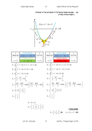 ‫תשע"ג‬ ‫לשנת‬ ‫מעודכן‬ ‫לנסות‬ ‫חדלת‬ ‫לא‬ ‫עוד‬ ‫כל‬ ‫נכשלת‬ ‫לא‬
‫חלק‬2-‫אינטגרלי‬ ‫חשבון‬-.‫דהן‬ ‫יוסי‬ :‫וערך‬ ‫כתב‬ ‫פולינום‬
17
17
(‫ב‬)..‫הפרבולה‬ ‫ידי‬ ‫ועל‬ ‫המשיקים‬ ‫ידי‬ ‫על‬ ‫המוגבל‬ ‫השטח‬ ‫את‬ ‫מצא‬
.)‫בציור‬ ‫המקווקו‬ ‫השטח‬ (
‫סופית‬ ‫תשובה‬:
.)‫(א‬24  AB xx)‫(ב‬
3
2
3
1
3
1
TS
x‫עליונה‬ ‫פונקציה‬x
‫גדול/ימין‬56)( 2
 xxxf‫קטן/שמאל‬
4x
‫תחתונה‬ ‫פונקציה‬
3x 112  xy
3
2
3
1
3
1
21














T
T
S
SSS
dxxxS
dxxxxS
dxxxxS
)168(
)11256(
)112()56(
2
2
2
2
2
2
4
3
4
3
4
3






 




































3
1
21
3
1
21
)3(16
2
)3(8
3
)3(
)4(16
2
)4(8
3
)4(
16
2
8
3
2
2
2323
2
23
2
4
3
S
S
S
x
xx
S
x‫עליונה‬ ‫פונקציה‬x
‫גדול/ימין‬56)( 2
 xxxf‫קטן/שמאל‬
3x
‫פונקצי‬‫תחתונה‬ ‫ה‬
2x 12  xy
dxxxS
dxxxxS
dxxxxS
)44(
)1256(
)12()56(
2
1
2
1
2
1
3
2
3
2
3
2






 




































3
1
3
2
23
)2(4
2
)2(4
3
)2(
)3(4
2
)3(4
3
)3(
4
2
2
3
1
2
2323
1
23
1
3
2
S
S
S
x
xx
S
y
x
BA
C
)3,4( 
)3,2( 
)5,3( 
 