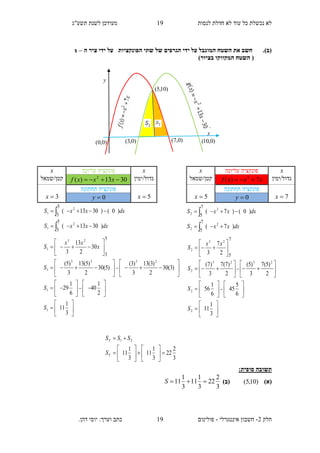 ‫תשע"ג‬ ‫לשנת‬ ‫מעודכן‬ ‫לנסות‬ ‫חדלת‬ ‫לא‬ ‫עוד‬ ‫כל‬ ‫נכשלת‬ ‫לא‬
‫חלק‬2-‫אינטגרלי‬ ‫חשבון‬-.‫דהן‬ ‫יוסי‬ :‫וערך‬ ‫כתב‬ ‫פולינום‬
19
19
(‫ב‬).‫הגרפים‬ ‫ידי‬ ‫על‬ ‫המוגבל‬ ‫השטח‬ ‫את‬ ‫חשב‬‫הפונקציות‬ ‫שתי‬ ‫של‬‫ה‬ ‫ציר‬ ‫ידי‬ ‫על‬–x
)‫בציור‬ ‫המקווקו‬ ‫השטח‬ (
‫תשובה‬‫סופית‬:
)‫(א‬)10,5()‫(ב‬
3
2
22
3
1
11
3
1
11 S
3
2
22
3
1
11
3
1
11
21














T
T
S
SSS
x‫עליונה‬ ‫פונקציה‬x
‫גדול/ימין‬3013)( 2
 xxxf‫קטן/שמאל‬
5x
‫פונקציה‬‫תחתונה‬
3x 0y
dxxxS
dxxxS
)3013(
)0()3013(
2
1
2
1
5
3
5
3














































3
1
11
2
1
40
6
1
29
)3(30
2
)3(13
3
)3(
)5(30
2
)5(13
3
)5(
30
2
13
3
1
1
2323
1
23
1
5
3
S
S
S
x
xx
S
x‫עליונה‬ ‫פונקציה‬x
‫גדול/ימין‬xxxf 7)( 2
‫קטן/שמאל‬
7x
‫תחתונה‬ ‫פונקציה‬
5x 0y
dxxxS
dxxxS
)7(
)0()7(
2
2
2
2
7
5
7
5














































3
1
11
6
5
45
6
1
56
2
)5(7
3
)5(
2
)7(7
3
)7(
2
7
3
2
2
2323
2
23
2
7
5
S
S
S
xx
S
)0,3()0,0( )0,7( )0,10(
)10,5(
y
x
 