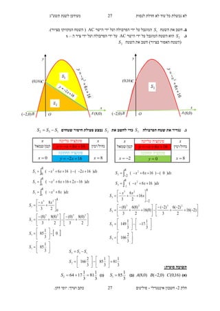 ‫תשע"ג‬ ‫לשנת‬ ‫מעודכן‬ ‫לנסות‬ ‫חדלת‬ ‫לא‬ ‫עוד‬ ‫כל‬ ‫נכשלת‬ ‫לא‬
‫חלק‬2-‫אינטגרלי‬ ‫חשבון‬-.‫דהן‬ ‫יוסי‬ :‫וערך‬ ‫כתב‬ ‫פולינום‬
27
27
.‫ב‬‫השטח‬ ‫את‬ ‫חשב‬1S‫הפרבולה‬ ‫ידי‬ ‫על‬ ‫המוגבל‬‫הישר‬ ‫ידי‬ ‫ועל‬AC.)‫בציור‬ ‫המקווקו‬ ‫השטח‬ (
.‫ג‬2S‫הישר‬ ‫ידי‬ ‫על‬ ‫המוגבל‬ ‫השטח‬ ‫הוא‬AC‫הפרבול‬ ‫ידי‬ ‫על‬‫ה‬‫ה‬ ‫ציר‬ ‫ידי‬ ‫ועל‬–x
‫השטח‬ ‫את‬ ‫חשב‬ )‫בציור‬ ‫האפור‬ ‫(השטח‬2S
.‫ג‬‫שטח‬ ‫את‬ ‫נגדיר‬‫הפרבולה‬3S‫את‬ ‫לחשב‬ ‫כדי‬2S‫נבצע‬‫פעולת‬‫חיסור‬‫שטחים‬132 SSS 
:‫סופית‬ ‫תשובה‬
)‫(א‬)16,0()0,2()0,8( CBA )‫(ב‬
3
1
851 S)‫(ג‬
3
1
81
3
1
17642 S
3
1
81
3
1
85
3
2
1662
132














S
SSS
x‫עליונה‬ ‫פונקציה‬x
‫גדול/ימי‬‫ן‬166  xxy‫קטן/שמאל‬
8x
‫תחתונה‬ ‫פונקציה‬
0x 162  xy
dxxxS
dxxxxS
dxxxxS
)8(
)162166(
)162()166(
2
0
1
2
0
1
2
1
8
8
8
0






 










































3
1
85
0
3
1
85
2
)0(8
3
)0(
2
)8(8
3
)8(
2
8
3
1
1
2323
1
23
1
8
0
S
S
S
xx
S
x‫עליונה‬ ‫פונקציה‬x
‫גדול/ימין‬166  xxy‫קטן/שמאל‬
8x
‫תחתונה‬ ‫פונקציה‬
2x 0y
dxxxS
dxxxS
)166(
)0()166(
2
2
3
2
3
8
8
2

























































3
2
166
3
1
17
3
1
149
)2(16
2
)2(6
3
)2(
)8(16
2
)8(6
3
)8(
16
2
6
3
3
3
2323
3
23
3
8
2
S
S
S
x
xx
S
y
x
C
B AO )0,8()0,2(
)16,0(
y
x
C
B AO )0,8()0,2(
)16,0(
 
