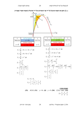 ‫תשע"ג‬ ‫לשנת‬ ‫מעודכן‬ ‫לנסות‬ ‫חדלת‬ ‫לא‬ ‫עוד‬ ‫כל‬ ‫נכשלת‬ ‫לא‬
‫חלק‬2-‫אינטגרלי‬ ‫חשבון‬-.‫דהן‬ ‫יוסי‬ :‫וערך‬ ‫כתב‬ ‫פולינום‬
29
29
( .‫ג‬2))‫שבציור‬ ‫האפור‬ ‫(השטח‬ ‫הפרבולה‬ ‫ידי‬ ‫ועל‬ ‫המשיקים‬ ‫שני‬ ‫ידי‬ ‫על‬ ‫המוגבל‬ ‫השטח‬ ‫את‬ ‫חשב‬
‫סופית‬ ‫תשובה‬:
‫(א‬1.)max)4,2( (‫א‬2.)4y(‫ב‬.)xy 4(‫ג‬1.))4,1(A(‫ג‬2.)
3
2
3
1
3
1
S
3
2
3
1
3
1
2
21














S
SSST
x‫עליונה‬ ‫פונקציה‬x
‫גדול/ימין‬4y‫קטן/שמאל‬
2x
‫תחתונה‬ ‫פונקציה‬
1x 2
4 xxy 
dxxxS
dxxxS
dxxxS
)44(
)44(
)4()4(
2
1
2
2
1
2
2
2
2
2
2
1
















































3
1
3
1
2
3
2
2
)1(4
2
)1(4
3
)1(
)2(4
2
)2(4
3
)2(
4
2
4
3
2
2
2323
2
23
2
2
1
S
S
S
x
xx
S
x‫עליונה‬ ‫פונקציה‬x
‫גדול/ימין‬xy 4‫קטן/שמאל‬
1x
‫תחתונה‬ ‫פונקציה‬
0x 2
4 xxy 
dxxS
dxxxxS
dxxxxS
)(
)44(
)4()4(
2
1
2
1
2
1
1
0
1
0
1
0


































3
1
3
)0(
3
)1(
3
1
33
1
3
1
1
0
S
S
x
S
)4.1(
)4,2(
y
x
A
O
)4,0(
)0,0(
1S
2S
 