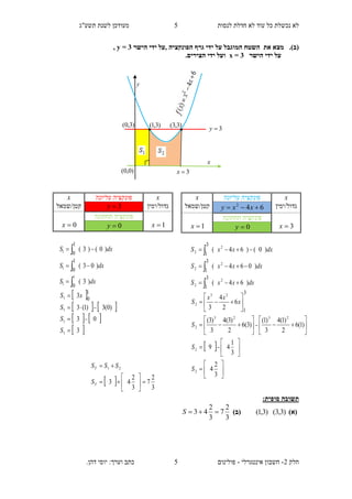 ‫תשע"ג‬ ‫לשנת‬ ‫מעודכן‬ ‫לנסות‬ ‫חדלת‬ ‫לא‬ ‫עוד‬ ‫כל‬ ‫נכשלת‬ ‫לא‬
‫חלק‬2-‫אינטגרלי‬ ‫חשבון‬-.‫דהן‬ ‫יוסי‬ :‫וערך‬ ‫כתב‬ ‫פולינום‬
5
5
‫י‬ ‫על‬ ‫המוגבל‬ ‫השטח‬ ‫את‬ ‫מצא‬ .)‫(ב‬‫הישר‬ ‫ידי‬ ‫,על‬ ‫הפונקציה‬ ‫גרף‬ ‫די‬3=y,
‫הישר‬ ‫ידי‬ ‫על‬3=x.‫הצירים‬ ‫ידי‬ ‫ועל‬
:‫סופית‬ ‫תשובה‬
)‫(א‬)3,3()3,1((‫ב‬)
3
2
7
3
2
43 S
  3
2
7
3
2
43
21








T
T
S
SSS
x‫עליונה‬ ‫פונקציה‬x
‫גדול/ימין‬642
 xxy‫קטן/שמאל‬
3x
‫פונ‬‫תחתונה‬ ‫קציה‬
1x 0y
dxxxS
dxxxS
dxxxS
)64(
)064(
)0()64(
2
2
2
2
2
2
3
1
3
1
3
1






 




































3
2
4
3
1
49
)1(6
2
)1(4
3
)1(
)3(6
2
)3(4
3
)3(
6
2
4
3
2
2
2323
2
23
2
3
1
S
S
S
x
xx
S
x‫עליונה‬ ‫פונקציה‬x
‫גדול/ימין‬3y‫קטן/שמאל‬
1x
‫תחתונה‬ ‫פונקציה‬
0x 0y
dxS
dxS
dxS
)3(
)03(
)0()3(
1
1
1
1
0
1
0
1
0






 
   
   
 3
03
)0(3)1(3
3
1
1
1
1
1
0






S
S
S
xS
3y
)0,0(
y
x
3x
)3,1( )3,3(

)3,0(
 