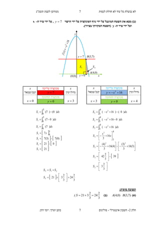 ‫תשע"ג‬ ‫לשנת‬ ‫מעודכן‬ ‫לנסות‬ ‫חדלת‬ ‫לא‬ ‫עוד‬ ‫כל‬ ‫נכשלת‬ ‫לא‬
‫חלק‬2-‫אינטגרלי‬ ‫חשבון‬-.‫דהן‬ ‫יוסי‬ :‫וערך‬ ‫כתב‬ ‫פולינום‬
7
7
‫המוגב‬ ‫השטח‬ ‫את‬ ‫מצא‬ )‫(ב‬‫הישר‬ ‫ידי‬ ‫על‬ ‫הפונקציה‬ ‫גרף‬ ‫ידי‬ ‫על‬ ‫ל‬7y‫ה‬ ‫ציר‬ ‫ידי‬ ‫על‬ ,-x
‫ה‬ ‫ציר‬ ‫ידי‬ ‫ועל‬-y.)‫בציור‬ ‫המקווקו‬ ‫(השטח‬
:‫סופית‬ ‫תשובה‬
)‫(א‬)7,3()0,4( BA)‫(ב‬
3
2
24
3
2
321 S.)
  3
2
24
3
2
321
21








T
T
S
SSS
x‫עליונה‬ ‫פונקציה‬x
‫גדול/ימין‬162
 xy‫קטן/שמאל‬
4x
‫תחתונה‬ ‫פונקציה‬
3x 0y
dxxS
dxxS
dxxS
)16(
)016(
)0()16(
2
2
2
2
2
2
4
3
4
3
4
3






 




































3
2
3
39
3
2
42
)3(16
3
)3(
)4(16
3
)4(
16
3
2
2
33
2
3
2
4
3
S
S
S
x
x
S
x‫עליונה‬ ‫פונקציה‬x
‫גדול/ימין‬7y‫קטן/שמאל‬
3x
‫תחתונה‬ ‫פונקציה‬
0x 0y
dxS
dxS
dxS
)7(
)07(
)0()7(
3
1
1
1
0
3
0
3
0






 
   
   
 21
021
)0(7)3(7
7
1
1
1
1
3
0






S
S
S
xS
0y)0,0(
)0,4(A
)7,3(B
y
x


7y
1S 2S
 