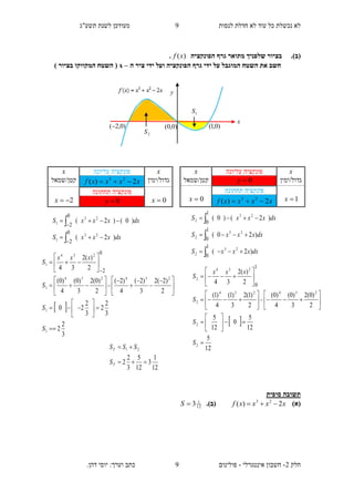 ‫תשע"ג‬ ‫לשנת‬ ‫מעודכן‬ ‫לנסות‬ ‫חדלת‬ ‫לא‬ ‫עוד‬ ‫כל‬ ‫נכשלת‬ ‫לא‬
‫חלק‬2-‫אינטגרלי‬ ‫חשבון‬-‫כתב‬ ‫פולינום‬.‫דהן‬ ‫יוסי‬ :‫וערך‬
9
9
.)‫(ב‬‫הפונקציה‬ ‫גרף‬ ‫מתואר‬ ‫שלפניך‬ ‫בציור‬)(xf.
‫הפונקציה‬ ‫גרף‬ ‫ידי‬ ‫על‬ ‫המוגבל‬ ‫השטח‬ ‫את‬ ‫חשב‬‫צי‬ ‫ידי‬ ‫ועל‬‫ה‬ ‫ר‬–x) ‫בציור‬ ‫המקווקו‬ ‫השטח‬ (
‫תשוב‬‫סופית‬ ‫ה‬
)‫(א‬xxxxf 2)( 23
.)‫(ב‬12
1
3S
12
1
3
12
5
3
2
2
21


T
T
S
SSS
x‫עליונה‬ ‫פונקציה‬x
‫גדול/ימין‬xxxxf 2)( 23
‫קטן/שמאל‬
0x
‫תחתונה‬ ‫פונקציה‬
2x 0y
dxxxxS
dxxxxS
)2(
)0()2(
23
1
23
1
0
2
0
2






x‫עליונה‬ ‫פונקציה‬x
‫גדול/ימין‬0y‫קטן/שמאל‬
1x
‫תחתונה‬ ‫פונקציה‬
0x xxxxf 2)( 23

dxxxxS
dxxxxS
dxxxxS
)2(
)20(
)2()0(
23
2
23
2
23
2
1
0
1
0
1
0






 
3
2
2
3
2
2
3
2
20
2
)2(2
3
)2(
4
)2(
2
)0(2
3
)0(
4
)0(
2
)(2
34
1
1
234234
1
234
1
0
2













 




















S
S
S
xxx
S
 
12
5
12
5
0
12
5
2
)0(2
3
)0(
4
)0(
2
)1(2
3
)1(
4
)1(
2
)(2
34
2
2
234234
2
234
2
1
0





























S
S
S
xxx
S
x
)0,0()0,2( )0,1(
y
1S
2S
 