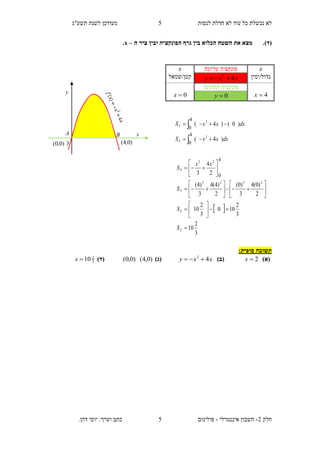 ‫תשע"ג‬ ‫לשנת‬ ‫מעודכן‬ ‫לנסות‬ ‫חדלת‬ ‫לא‬ ‫עוד‬ ‫כל‬ ‫נכשלת‬ ‫לא‬
‫חלק‬2-‫אינטגרלי‬ ‫חשבון‬-‫כתב‬ ‫פולינום‬.‫דהן‬ ‫יוסי‬ :‫וערך‬
5
5
(‫ד‬).‫ה‬ ‫ציר‬ ‫ובין‬ ‫הפונקציה‬ ‫גרף‬ ‫בין‬ ‫הכלוא‬ ‫השטח‬ ‫את‬ ‫מצא‬–x.
‫תשובה‬‫סופית‬:
)‫(א‬2x)‫(ב‬xxy 42
)‫(ג‬)0,4()0,0()‫(ד‬3
2
10s
x‫עליונה‬ ‫פונקציה‬x
‫גדול/ימין‬xxy 42
‫קטן/שמאל‬
4x
‫תחתונה‬ ‫פונקציה‬
0x 0y
dxxxS
dxxxS
T
T
)4(
)0()4(
2
2
4
0
4
0




 
3
2
10
3
2
100
3
2
10
2
)0(4
3
)0(
2
)4(4
3
)4(
2
4
3
2323
23 4
0





























T
T
T
T
S
S
S
xx
S
x
y
A
O
B
)0,4()0,0(
 