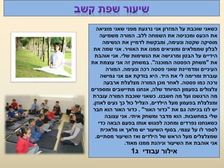 ‫מוציאה‬ ‫שאני‬ ‫מפני‬ ‫נרגעת‬ ‫אני‬ ‫המזרון‬ ‫על‬ ‫שוכבת‬ ‫כשאני‬
‫ללב‬ ‫השמחה‬ ‫את‬ ‫ומכניסה‬ ‫הכעס‬ ‫את‬.‫משמיעה‬ ‫המורה‬
‫ונעימה‬ ‫שקטה‬ ‫מוסיקה‬,‫הנשימה‬ ‫את‬ ‫לדמיין‬ ‫ומבקשת‬
‫האוויר‬ ‫את‬ ‫ממנו‬ ‫ומוציאים‬ ‫שממלאים‬ ‫לבלון‬.‫את‬ ‫שמה‬ ‫אני‬
‫שלי‬ ‫הנשימות‬ ‫את‬ ‫ומרגישה‬ ‫הבטן‬ ‫על‬ ‫הידיים‬.‫אוהבת‬ ‫אני‬
‫את‬"‫המוכנה‬ ‫הפסטה‬ ‫משחק‬."‫את‬ ‫עוצמת‬ ‫אני‬ ‫זה‬ ‫במשחק‬
‫ונעימה‬ ‫רכה‬ ‫פסטה‬ ‫שאני‬ ‫ומדמיינת‬ ‫העיניים‬.‫המורה‬
‫היד‬ ‫את‬ ‫לי‬ ‫ומרימה‬ ‫עוברת‬.‫גמישה‬ ‫אני‬ ‫אם‬ ‫בודקת‬ ‫היא‬
‫פסטה‬ ‫כמו‬ ‫ורכה‬.‫ארבעה‬ ‫מצלצלת‬ ‫המורה‬ ‫מכן‬ ‫לאחר‬
‫שלה‬ ‫המיוחד‬ ‫בפעמון‬ ‫צלצולים‬,‫ומספרים‬ ‫מתיישבים‬ ‫אנחנו‬
‫חשבנו‬ ‫מה‬ ‫ועל‬ ‫הרגשנו‬ ‫מה‬.‫עוברת‬ ‫המורה‬ ‫שוכבת‬ ‫כשאני‬
‫הילדים‬ ‫מעל‬ ‫בפעמון‬ ‫ומצלצלת‬,‫לאוזן‬ ‫נעים‬ ‫כך‬ ‫כול‬ ‫הצליל‬.
‫את‬ ‫גם‬ ‫בכיתה‬ ‫לנו‬ ‫יש‬"‫האור‬ ‫כדור‬. "‫חבר‬ ‫הוא‬ ‫האור‬ ‫כדור‬
‫במחשבות‬ ‫שלי‬.‫איתי‬ ‫ומשחק‬ ‫מדבר‬ ‫הוא‬.‫עצובה‬ ‫אני‬
‫כדי‬ ‫הבאה‬ ‫בפעם‬ ‫אותו‬ ‫לפגוש‬ ‫ומחכה‬ ‫נפרדים‬ ‫כשאנחנו‬
‫עצמי‬ ‫על‬ ‫לו‬ ‫לספר‬.‫מלאכית‬ ‫או‬ ‫מלאך‬ ‫יש‬ ‫השיעור‬ ‫בסוף‬
‫מסתיים‬ ‫השיעור‬ ‫ואז‬ ‫הילדים‬ ‫של‬ ‫הראש‬ ‫מעל‬ ‫שמצלצלים‬.
‫השיעור‬ ‫את‬ ‫אוהבת‬ ‫אני‬‫וניהנת‬‫מאוד‬ ‫ממנו‬.
‫אילור‬‫עבודי‬‫ג‬1
 