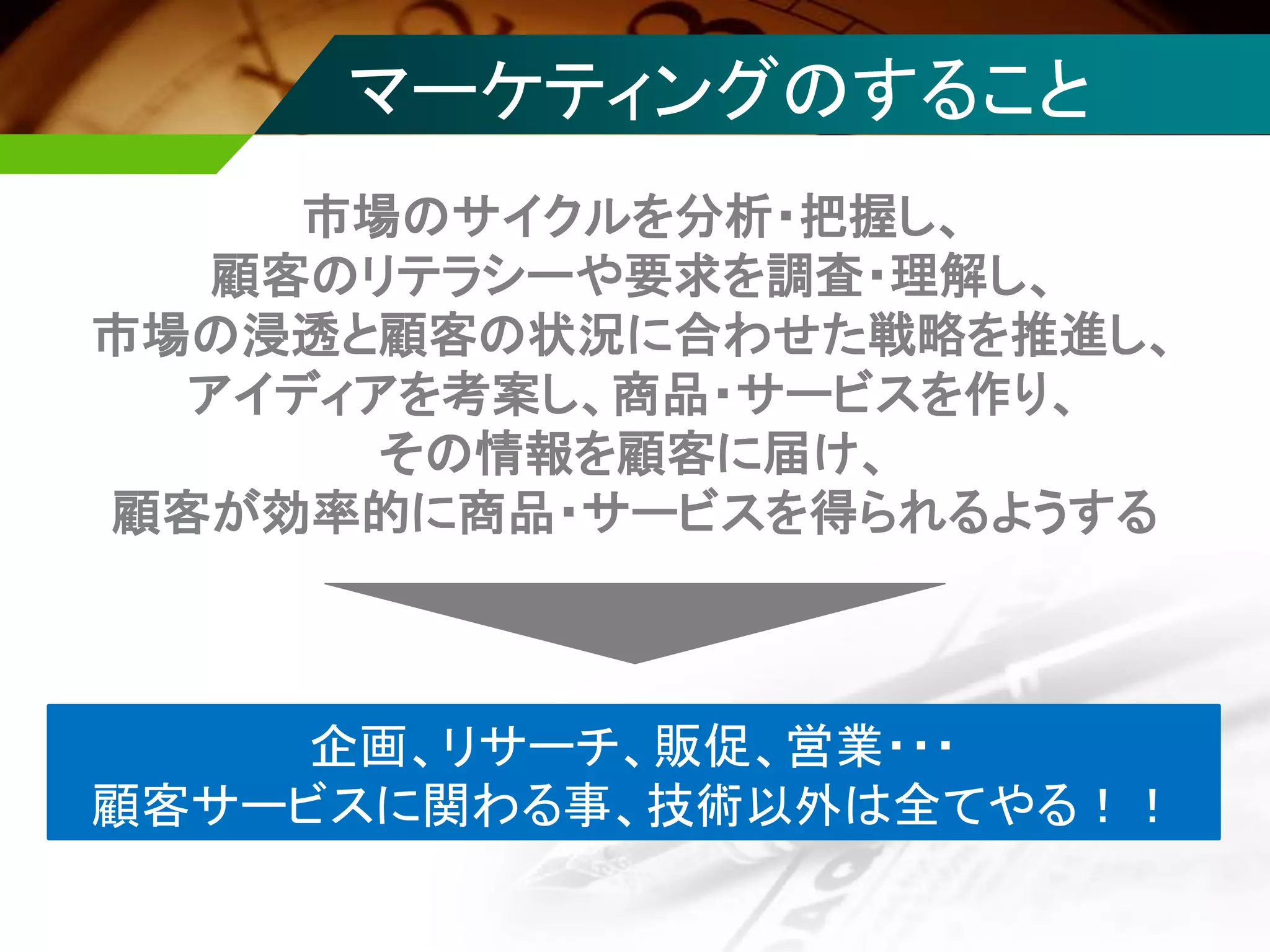 マーケティングのすること
市場のサイクルを分析・把握し、
顧客のリテラシーや要求を調査・理解し、
市場の浸透と顧客の状況に合わせた戦略を推進し、
アイディアを考案し、商品・サービスを作り、
その情報を顧客に届け、
顧客が効率的に商品・サービスを得られるようする
企画、リサーチ、販促、営業・・・
顧客サービスに関わる事、技術以外は全てやる！！
 