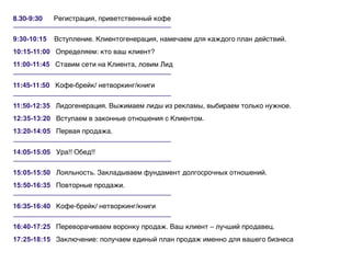 8.30-9:30 Регистрация, приветственный кофе
9:30-10:15 Вступление. Клиентогенерация, намечаем для каждого план действий.
10:15-11:00 Определяем: кто ваш клиент?
11:00-11:45 Ставим сети на Клиента, ловим Лид
11:45-11:50 Кофе-брейк/ нетворкинг/книги
11:50-12:35 Лидогенерация. Выжимаем лиды из рекламы, выбираем только нужное.
12:35-13:20 Вступаем в законные отношения с Клиентом.
13:20-14:05 Первая продажа.
14:05-15:05 Ура!! Обед!!
15:05-15:50 Лояльность. Закладываем фундамент долгосрочных отношений.
15:50-16:35 Повторные продажи.
16:35-16:40 Кофе-брейк/ нетворкинг/книги
16:40-17:25 Переворачиваем воронку продаж. Ваш клиент – лучший продавец.
17:25-18:15 Заключение: получаем единый план продаж именно для вашего бизнеса
 