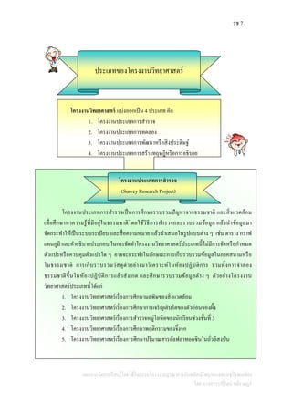 รช 7
แผนการจัดการเรียนรู้โดยใช้กิจกรรมโครงงานบูรณาการกับหลักปรัชญาของเศรษฐกิจพอเพียง
โดย นางสาววารีรัตน์ สติราษฎร์
ประเภทของโครงงานวิทยาศาสตร์
โครงงานวิทยาศาสตร์ แบ่งออกเป็น 4 ประเภท คือ
1. โครงงานประเภทการสารวจ
2. โครงงานประเภทการทดลอง
3. โครงงานประเภทการพัฒนาหรือสิ่งประดิษฐ์
4. โครงงานประเภทการสร้างทฤษฎีหรือการอธิบาย
โครงงานประเภทการสารวจ
(Survey Research Project)
โครงงานประเภทการสารวจเป็นการศึกษารวบรวมปัญหาจากธรรมชาติ และสิ่งแวดล้อม
เพื่อศึกษาหาความรู้ที่มีอยู่ในธรรมชาติโดยใช้วิธีการสารวจและรวบรวมข้อมูล แล้วนาข้อมูลมา
จัดกระทาให้เป็นระบบระเบียบ และสื่อความหมาย แล้วนาเสนอในรูปแบบต่าง ๆ เช่น ตาราง กราฟ
แผนภูมิ และคาอธิบายประกอบ ในการจัดทาโครงงานวิทยาศาสตร์ประเภทนี้ไม่มีการจัดหรือกาหนด
ตัวแปรหรือควบคุมตัวแปรใด ๆ อาจจะกระทาในลักษณะการเก็บรวบรวมข้อมูลในภาคสนามหรือ
ในธรรมชาติ การเก็บรวบรวมวัสดุตัวอย่างมาวิเคราะห์ในห้องปฏิบัติการ รวมทั้งการจาลอง
ธรรมชาติขึ้นในห้องปฏิบัติการแล้วสังเกต และศึกษารวบรวมข้อมูลต่าง ๆ ตัวอย่างโครงงาน
วิทยาศาสตร์ประเภทนี้ได้แก่
1. โครงงานวิทยาศาสตร์เรื่องการศึกษามลพิษของสิ่งแวดล้อม
2. โครงงานวิทยาศาสตร์เรื่องการศึกษาการเจริญเติบโตของตัวอ่อนของผึ้ง
3. โครงงานวิทยาศาสตร์เรื่องการสารวจหมู่โลหิตของนักเรียนช่วงชั้นที่ 3
4. โครงงานวิทยาศาสตร์เรื่องการศึกษาพฤติกรรมของจิ้งจก
5. โครงงานวิทยาศาสตร์เรื่องการศึกษาปริมาณสารอัลฟลาทอกซินในถั่วลิสงป่น
 