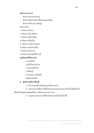 รช 7
แผนการจัดการเรียนรู้โดยใช้กิจกรรมโครงงานบูรณาการกับหลักปรัชญาของเศรษฐกิจพอเพียง
โดย นางสาววารีรัตน์ สติราษฎร์
ทักษะ/กระบวนการ
- ทักษะการจาแนกประเภท
- ทักษะการจัดกระทาและสื่อความหมายข้อมูล
- ทักษะการเก็บรวบรวมข้อมูล
ทักษะการคิด
1) ทักษะการสังเกต
2) ทักษะการสารวจค้นหา
3) ทักษะการเปรียบเทียบ
4) ทักษะการเชื่อมโยง
5) ทักษะการแปลความหมาย
6) ทักษะการสรุปความเห็น
7) ทักษะการวิเคราะห์
8) ทักษะการประยุกต์ใช้ความรู้
คุณลักษณะที่พึงประสงค์
1.ความมีวินัย
2.มุ่งมั่นในการทางาน
3. รักความเป็นไทย
4. ใฝ่เรียนรู้
5.การแสดงความคิดเห็น
6.อยู่อย่างพอเพียง
4. จุดประสงค์การเรียนรู้
1) สารวจและอธิบายลักษณะแหล่งน้าธรรมชาติ
2) เสนอแนวทางวิธีในการใช้น้าอย่างฉลาดและเหมาะสมแหล่งน้าในท้องถิ่นโดย
ยึดหลักปรัชญาเศรษฐกิจพอเพียง (กรณีศึกษาเทศกาลลอยกระทง)
3) ระบุผลกระทบจากการใช้ประโยชน์แหล่งน้าในท้องถิ่นได้
 