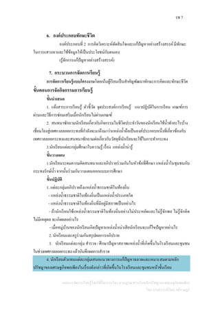 รช 7
แผนการจัดการเรียนรู้โดยใช้กิจกรรมโครงงานบูรณาการกับหลักปรัชญาของเศรษฐกิจพอเพียง
โดย นางสาววารีรัตน์ สติราษฎร์
6. องค์ประกอบทักษะชีวิต
องค์ประกอบที่ 2 การคิดวิเคราะห์ตัดสินใจและแก้ปัญหาอย่างสร้างสรรค์ มีทักษะ
ในการแสวงหาและใช้ข้อมูลให้เป็นประโยชน์กับตนเอง
(รู้จักการแก้ปัญหาอย่างสร้างสรรค์)
7. กระบวนการจัดการเรียนรู้
การจัดการเรียนรู้แบบโครงงานโดยเน้นผู้เรียนเป็นสาคัญพัฒนาทักษะการคิดและทักษะชีวิต
ขั้นตอนการจัดกิจกรรมการเรียนรู้
ขั้นนาเสนอ
1. แจ้งสาระการเรียนรู้ ตัวชี้วัด จุดประสงค์การเรียนรู้ แนวปฏิบัติในการเรียน เกณฑ์การ
ผ่านและวิธีการซ่อมเสริมเมื่อนักเรียนไม่ผ่านเกณฑ์
2. สนทนาซักถามนักเรียนเกี่ยวกับกิจกรรมในชีวิตประจาวันของนักเรียนใช้น้าทาอะไรบ้าง
เชื่อมโยงสู่เทศกาลลอยกระทงที่กาลังจะมาถึงมาว่าแหล่งน้าถือเป็นองค์ประกอบหนึ่งที่เกี่ยวข้องกับ
เทศกาลลอยกระทงและสนทนาซักถามต่อเกี่ยวกับวัสดุที่นักเรียนจะใช้ในการทากระทง
3.นักเรียนแต่ละกลุ่มศึกษาใบความรู้ เรื่อง แหล่งน้าน่ารู้
ขั้นวางแผน
1.นักเรียนระดมความคิดสนทนาและอภิปรายร่วมกันในหัวข้อที่ศึกษา แหล่งน้าในชุมชนกับ
กระทงรักษ์น้า จากนั้นร่วมกันวางแผนออกแบบการศึกษา
ขั้นปฏิบัติ
1. แต่ละกลุ่มอภิปรายถึงแหล่งน้าธรรมชาติในท้องถิ่น
- แหล่งน้าธรรมชาติในท้องถิ่นเป็นแหล่งน้าประเภทใด
- แหล่งน้าธรรมชาติในท้องถิ่นที่มีอยู่มีสภาพเป็นอย่างไร
- ถ้านักเรียนใช้แหล่งน้าธรรมชาติในท้องถิ่นอย่างไม่ประหยัดและไม่รู้จักพอ ไม่รู้จักคิด
ไม่มีเหตุผล จะเกิดผลอย่างไร
- เมื่อหมู่บ้านของนักเรียนเกิดปัญหาแหล่งน้าเน่าเสียนักเรียนจะแก้ไขปัญหาอย่างไร
2. นักเรียนและครูร่วมกันสรุปผลการอภิปราย
3. นักเรียนแต่ละกลุ่ม สารวจ / ศึกษาปัญหาสภาพแหล่งน้าที่เกิดขึ้นในโรงเรียนและชุมชน
ในช่วงเทศกาลลอยกระทงแล้วบันทึกผลการสารวจ
4. นักเรียนตัวแทนแต่ละกลุ่มเสนอแนวทางการแก้ปัญหาฉลาดและเหมาะสมตามหลัก
ปรัชญาของเศรษฐกิจพอเพียงในเรื่องดังกล่าวที่เกิดขึ้นในโรงเรียนและชุมชนหน้าชั้นเรียน
 