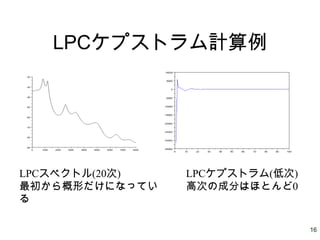 16
LPCケプストラム計算例
LPCスペクトル(20次)
最初から概形だけになってい
る
LPCケプストラム(低次)
高次の成分はほとんど0
 