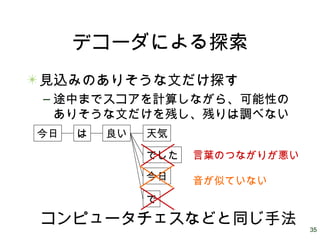 35
デコーダによる探索
見込みのありそうな文だけ探す
– 途中までスコアを計算しながら、可能性の
ありそうな文だけを残し、残りは調べない
今日 は 良い 天気
でした
今日
で
言葉のつながりが悪い
音が似ていない
コンピュータチェスなどと同じ手法
 