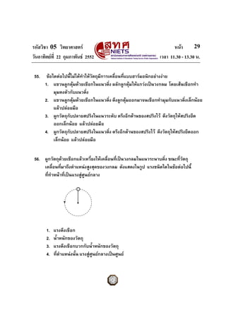 รหัสวิชา 05 วิทยาศาสตร หนา
วันอาทิตยที่ 22 กุมภาพันธ 2552 เวลา 11.30 - 13.30 น.
29
55. ขอใดตอไปนี้ไมไดทําใหวัตถุมีการเคลื่อนที่แบบฮารมอนิกอยางงาย
1. แขวนลูกตุมดวยเชือกในแนวดิ่ง ผลักลูกตุมใหแกวงเปนวงกลม โดยเสนเชือกทํา
มุมคงตัวกับแนวดิ่ง
2. แขวนลูกตุมดวยเชือกในแนวดิ่ง ดึงลูกตุมออกมาจนเชือกทํามุมกับแนวดิ่งเล็กนอย
แลวปลอยมือ
3. ผูกวัตถุกับปลายสปริงในแนวระดับ ตรึงอีกดานของสปริงไว ดึงวัตถุใหสปริงยืด
ออกเล็กนอย แลวปลอยมือ
4. ผูกวัตถุกับปลายสปริงในแนวดิ่ง ตรึงอีกดานของสปริงไว ดึงวัตถุใหสปริงยืดออก
เล็กนอย แลวปลอยมือ
56. ผูกวัตถุดวยเชือกแลวเหวี่ยงใหเคลื่อนที่เปนวงกลมในแนวระนาบดิ่ง ขณะที่วัตถุ
เคลื่อนที่มาถึงตําแหนงสูงสุดของวงกลม ดังแสดงในรูป แรงชนิดใดในขอตอไปนี้
ที่ทําหนาที่เปนแรงสูศูนยกลาง
1. แรงดึงเชือก
2. น้ําหนักของวัตถุ
3. แรงดึงเชือกบวกกับน้ําหนักของวัตถุ
4. ที่ตําแหนงนั้น แรงสูศูนยกลางเปนศูนย
 