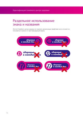 Идентификация семейного центра здоровья
Логотип Семейного центра здоровья не подлежит декомпозиции. Шрифтовая часть не может ис-
пользоваться отдельно от идентифицирующей формы.
Раздельное использование
знака и названия
76
 