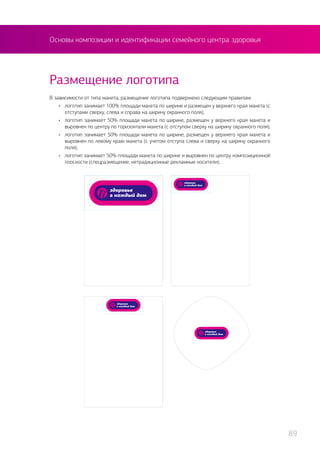 Основы композиции и идентификации семейного центра здоровья
В зависимости от типа макета, размещение логотипа подвержено следующим правилам:
•	 логотип занимает 100% площади макета по ширине и размещен у верхнего края макета (с
отступами сверху, слева и справа на ширину охранного поля);
•	 логотип занимает 50% площади макета по ширине, размещен у верхнего края макета и
выровнен по центру по горизонтали макета (с отступом сверху на ширину охранного поля);
•	 логотип занимает 50% площади макета по ширине, размещен у верхнего края макета и
выровнен по левому краю макета (с учетом отступа слева и сверху на ширину охранного
поля);
•	 логотип занимает 50% площади макета по ширине и выровнен по центру композиционной
плоскости (спецразмещение, нетрадиционные рекламные носители);
Размещение логотипа
89
 