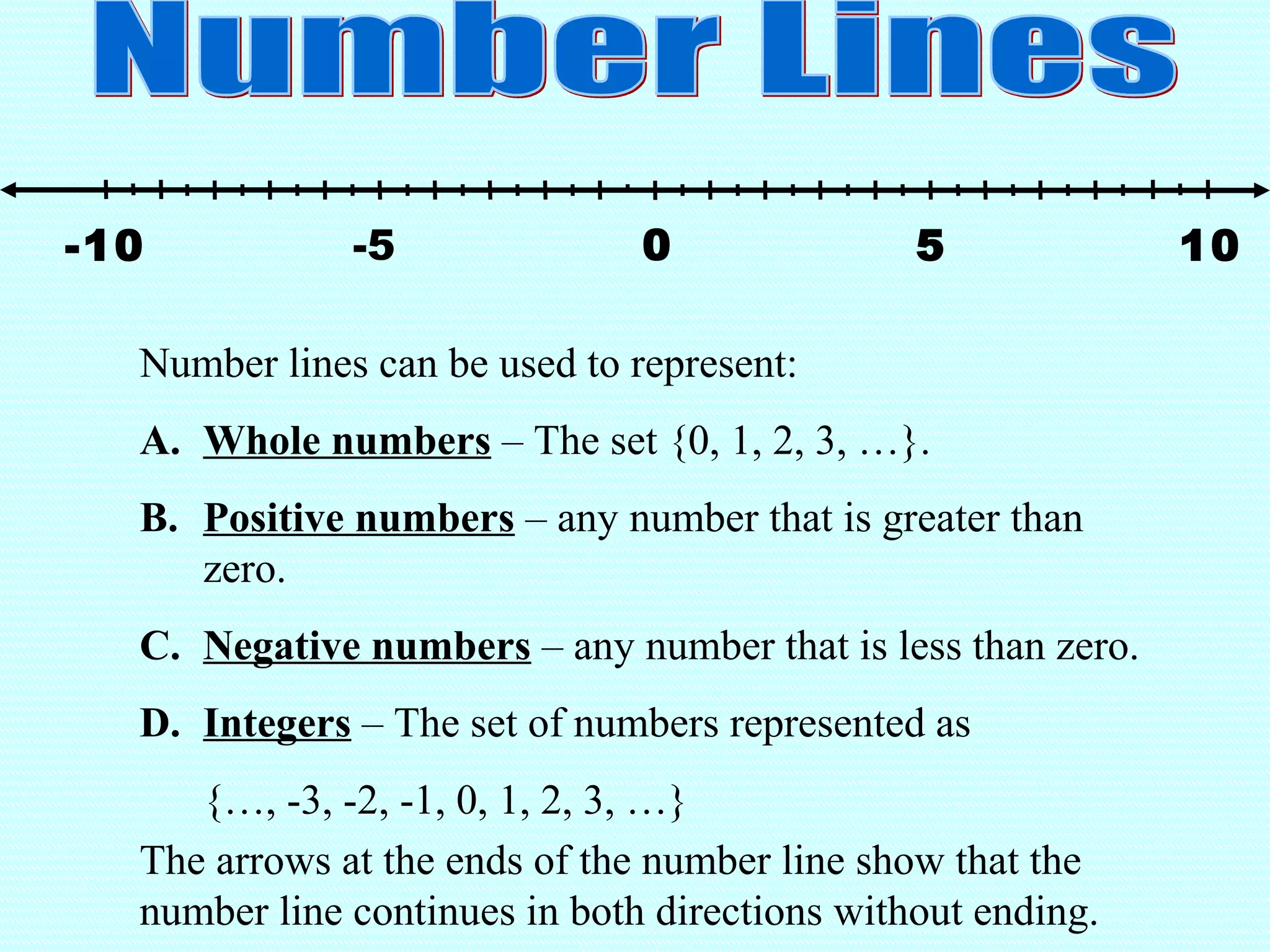 -5 50 10-10
Number lines can be used to represent:
A. Whole numbers – The set {0, 1, 2, 3, …}.
B. Positive numbers – any number that is greater than
zero.
C. Negative numbers – any number that is less than zero.
D. Integers – The set of numbers represented as
{…, -3, -2, -1, 0, 1, 2, 3, …}
The arrows at the ends of the number line show that the
number line continues in both directions without ending.
 