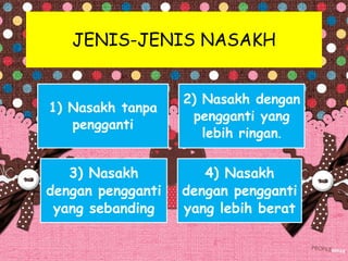 JENIS-JENIS NASAKH
1) Nasakh tanpa
pengganti
2) Nasakh dengan
pengganti yang
lebih ringan.
3) Nasakh
dengan pengganti
yang sebanding
4) Nasakh
dengan pengganti
yang lebih berat
 