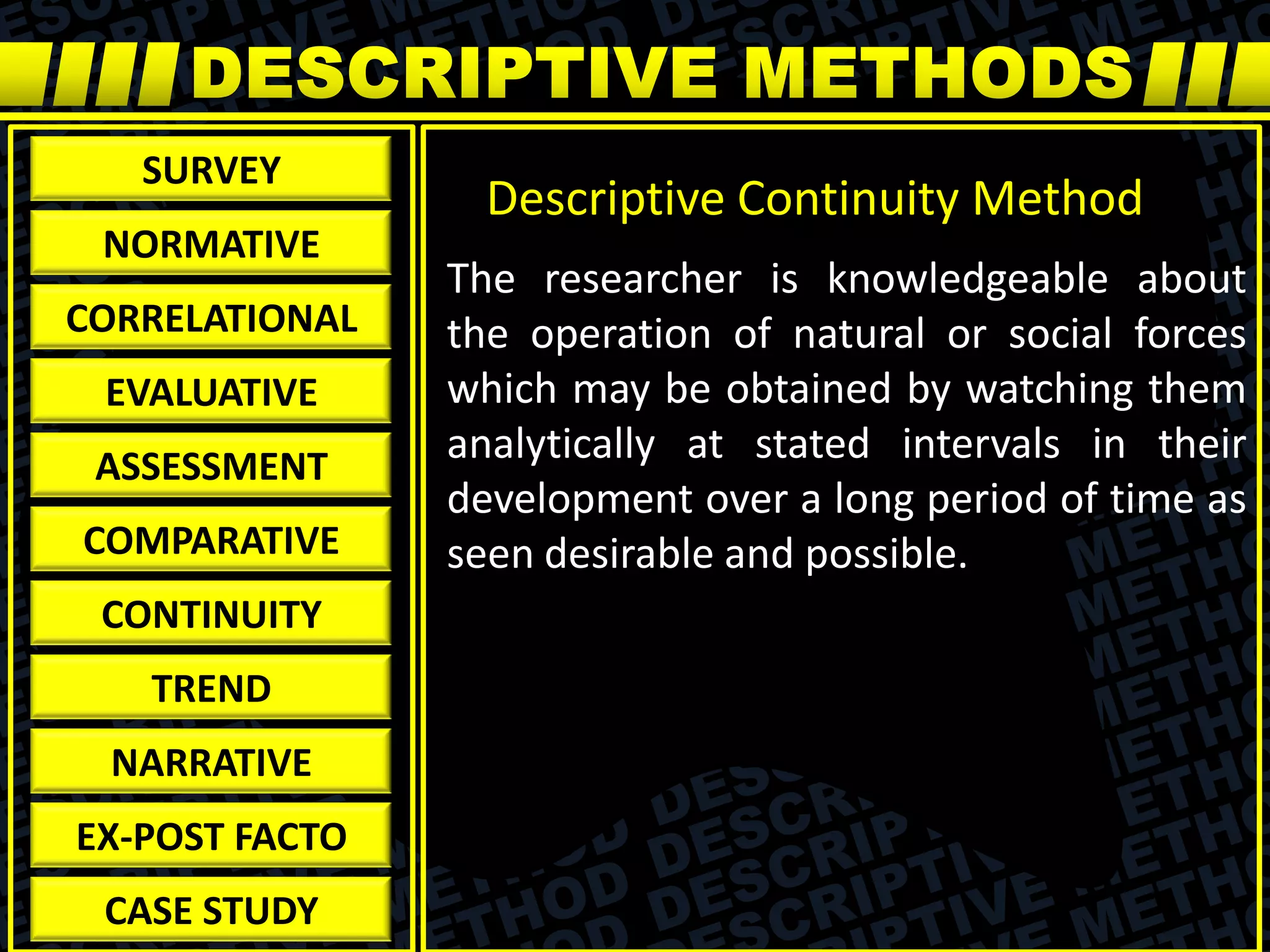 The researcher is knowledgeable about
the operation of natural or social forces
which may be obtained by watching them
analytically at stated intervals in their
development over a long period of time as
seen desirable and possible.
Descriptive Continuity Method
SURVEY
NORMATIVE
CORRELATIONAL
EVALUATIVE
ASSESSMENT
COMPARATIVE
CONTINUITY
TREND
NARRATIVE
EX-POST FACTO
CASE STUDY
 