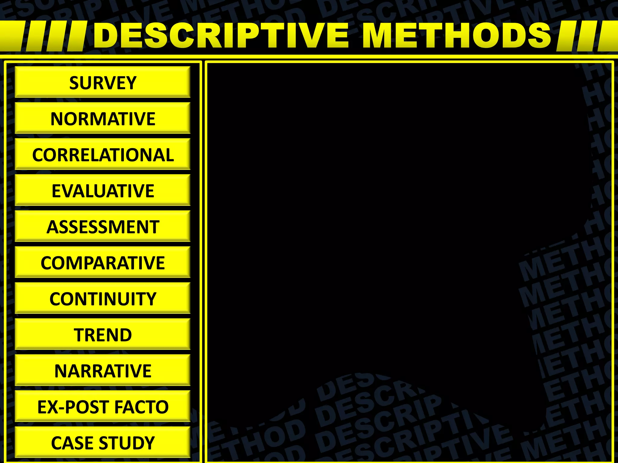 SURVEY
NORMATIVE
CORRELATIONAL
EVALUATIVE
ASSESSMENT
COMPARATIVE
CONTINUITY
TREND
NARRATIVE
EX-POST FACTO
CASE STUDY
 