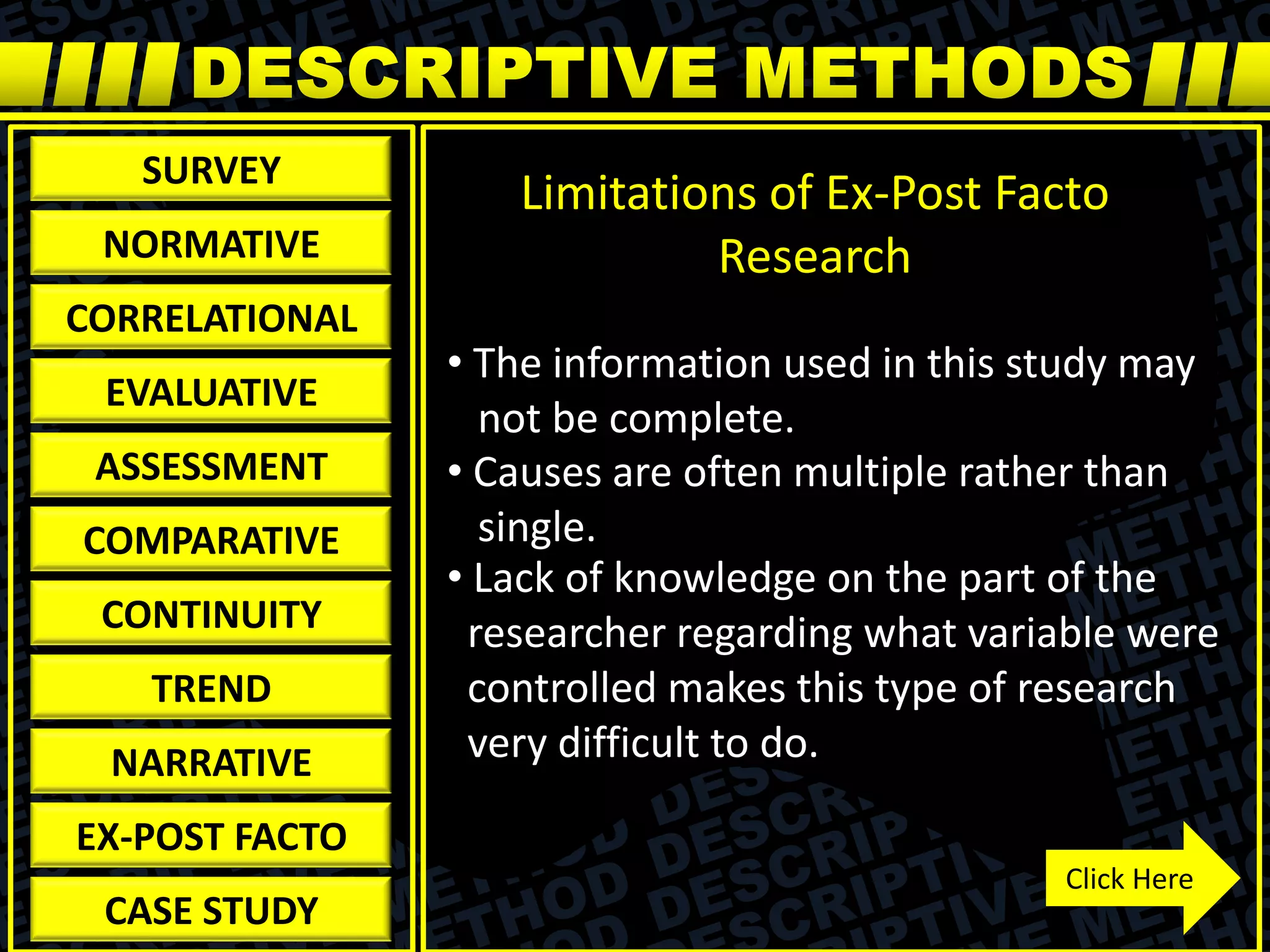 SURVEY
NORMATIVE
CORRELATIONAL
EVALUATIVE
ASSESSMENT
COMPARATIVE
CONTINUITY
TREND
NARRATIVE
EX-POST FACTO
CASE STUDY
Limitations of Ex-Post Facto
Research
• The information used in this study may
not be complete.
• Causes are often multiple rather than
single.
• Lack of knowledge on the part of the
researcher regarding what variable were
controlled makes this type of research
very difficult to do.
Click Here
 