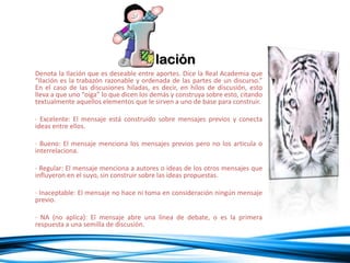 Denota la Ilación que es deseable entre aportes. Dice la Real Academia que
“Ilación es la trabazón razonable y ordenada de las partes de un discurso.”
En el caso de las discusiones hiladas, es decir, en hilos de discusión, esto
lleva a que uno “oiga” lo que dicen los demás y construya sobre esto, citando
textualmente aquellos elementos que le sirven a uno de base para construir.
· Excelente: El mensaje está construido sobre mensajes previos y conecta
ideas entre ellos.
· Bueno: El mensaje menciona los mensajes previos pero no los articula o
interrelaciona.
· Regular: El mensaje menciona a autores o ideas de los otros mensajes que
influyeron en el suyo, sin construir sobre las ideas propuestas.
· Inaceptable: El mensaje no hace ni toma en consideración ningún mensaje
previo.
· NA (no aplica): El mensaje abre una línea de debate, o es la primera
respuesta a una semilla de discusión.
lación
 