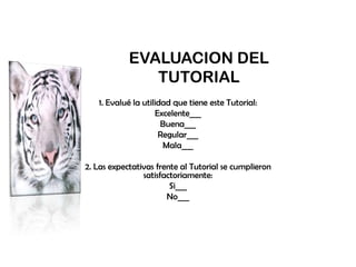 1. Evalué la utilidad que tiene este Tutorial:
Excelente___
Buena___
Regular___
Mala___
2. Las expectativas frente al Tutorial se cumplieron
satisfactoriamente:
Si___
No___
EVALUACION DEL
TUTORIAL
 