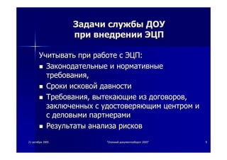 2121 октябряоктября 20052005 ""ОсеннийОсенний документооборотдокументооборот 2005"2005" 99
ЗадачиЗадачи службыслужбы ДОУДОУ
припри внедрениивнедрении ЭЦПЭЦП
УчитыватьУчитывать припри работеработе сс ЭЦПЭЦП::
ЗаконодательныеЗаконодательные ии нормативныенормативные
требованиятребования,,
СрокиСроки исковойисковой давностидавности
ТребованияТребования,, вытекающиевытекающие изиз договоровдоговоров,,
заключенныхзаключенных сс удостоверяющимудостоверяющим центромцентром ии
сс деловымиделовыми партнерамипартнерами
РезультатыРезультаты анализаанализа рисковрисков
 