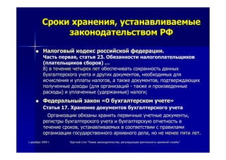 11 декабрядекабря 20042004 гг.. КруглыйКруглый столстол ""НовоеНовое законодательствозаконодательство,, регулирующеерегулирующее деятельностьдеятельность архивнойархивной службыслужбы""
СрокиСроки храненияхранения,, устанавливаемыеустанавливаемые
законодательствомзаконодательством РФРФ
НалоговыйНалоговый кодекскодекс российскойроссийской федерациифедерации..
ЧастьЧасть перваяпервая,, статьястатья 23.23. ОбязанностиОбязанности налогоплательщиковналогоплательщиков
((плательщиковплательщиков сборовсборов)) ……
8)8) вв течениетечение четырехчетырех летлет обеспечиватьобеспечивать сохранностьсохранность данныхданных
бухгалтерскогобухгалтерского учетаучета ии другихдругих документовдокументов,, необходимыхнеобходимых длядля
исчисленияисчисления ии уплатыуплаты налоговналогов,, аа такжетакже документовдокументов,, подтверждающихподтверждающих
полученныеполученные доходыдоходы ((длядля организацийорганизаций -- такжетакже ии произведенныепроизведенные
расходырасходы)) ии уплаченныеуплаченные ((удержанныеудержанные)) налогиналоги;;
ФедеральныйФедеральный законзакон ««ОО бухгалтерскомбухгалтерском учетеучете»»
СтатьяСтатья 17.17. ХранениеХранение документовдокументов бухгалтерскогобухгалтерского учетаучета
ОрганизацииОрганизации обязаныобязаны хранитьхранить первичныепервичные учетныеучетные документыдокументы,,
регистрырегистры бухгалтерскогобухгалтерского учетаучета ии бухгалтерскуюбухгалтерскую отчетностьотчетность вв
течениетечение сроковсроков,, устанавливаемыхустанавливаемых вв соответствиисоответствии сс правиламиправилами
организацииорганизации государственногогосударственного архивногоархивного деладела,, ноно нене менееменее пятипяти летлет..
 