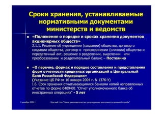 11 декабрядекабря 20042004 гг.. КруглыйКруглый столстол ""НовоеНовое законодательствозаконодательство,, регулирующеерегулирующее деятельностьдеятельность архивнойархивной службыслужбы""
СрокиСроки храненияхранения,, устанавливаемыеустанавливаемые
нормативныминормативными документамидокументами
министерствминистерств ии ведомствведомств
««ПоложениеПоложение оо порядкепорядке ии срокахсроках храненияхранения документовдокументов
акционерныхакционерных обществобществ»»
2.1.1.2.1.1. РешениеРешение обоб учрежденииучреждении ((созданиисоздании)) обществаобщества,, договордоговор оо
созданиисоздании обществаобщества,, договордоговор оо присоединенииприсоединении ((слияниислиянии)) обществаобщества ии
передаточныйпередаточный актакт,, решениерешение оо разделенииразделении,, выделениивыделении илиили
преобразованиипреобразовании ии разделительныйразделительный балансбаланс –– ПостоянноПостоянно
««ОО перечнеперечне,, формахформах ии порядкепорядке составлениясоставления ии представленияпредставления
формформ отчетностиотчетности кредитныхкредитных организацийорганизаций вв ЦентральныйЦентральный
БанкБанк РоссийскойРоссийской ФедерацииФедерации»»
((УказаниеУказание ЦБЦБ РФРФ отот 1616 январяянваря 20042004 гг. N 1376. N 1376--УУ))
I.6.I.6. СрокСрок храненияхранения отчитывающимисяотчитывающимися банкамибанками копийкопий направленныхнаправленных
отчетовотчетов попо формеформе 0409401 "0409401 "ОтчетОтчет уполномоченногоуполномоченного банкабанка обоб
иностранныхиностранных операцияхоперациях"" -- 55 летлет
 