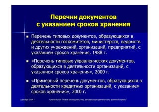11 декабрядекабря 20042004 гг.. КруглыйКруглый столстол ""НовоеНовое законодательствозаконодательство,, регулирующеерегулирующее деятельностьдеятельность архивнойархивной службыслужбы""
ПереченьПеречень типовыхтиповых документовдокументов,, образующихсяобразующихся вв
деятельностидеятельности госкомитетовгоскомитетов,, министерствминистерств,, ведомствведомств
ии другихдругих учрежденийучреждений,, организацийорганизаций,, предприятийпредприятий,, сс
указаниемуказанием сроковсроков храненияхранения, 1988, 1988 гг..
««ПереченьПеречень типовыхтиповых управленческихуправленческих документовдокументов,,
образующихсяобразующихся вв деятельностидеятельности организацийорганизаций,, сс
указаниемуказанием сроковсроков храненияхранения»», 2000, 2000 гг..
««ПримерныйПримерный переченьперечень документовдокументов,, образующихсяобразующихся вв
деятельностидеятельности кредитныхкредитных организацийорганизаций,, сс указаниемуказанием
сроковсроков храненияхранения»», 2000, 2000 гг..
ПеречниПеречни документовдокументов
сс указаниемуказанием сроковсроков храненияхранения
 