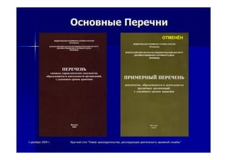 11 декабрядекабря 20042004 гг.. КруглыйКруглый столстол ""НовоеНовое законодательствозаконодательство,, регулирующеерегулирующее деятельностьдеятельность архивнойархивной службыслужбы""
ОсновныеОсновные ПеречниПеречни
 