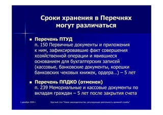 11 декабрядекабря 20042004 гг.. КруглыйКруглый столстол ""НовоеНовое законодательствозаконодательство,, регулирующеерегулирующее деятельностьдеятельность архивнойархивной службыслужбы""
СрокиСроки храненияхранения вв ПеречняхПеречнях
могутмогут различатьсяразличаться
ПереченьПеречень ПТУДПТУД
пп.. 150150 ПервичныеПервичные документыдокументы ии приложенияприложения
кк нимним,, зафиксировавшиезафиксировавшие фактфакт совершениясовершения
хозяйственнойхозяйственной операцииоперации ии явившиесяявившиеся
основаниемоснованием длядля бухгалтерскихбухгалтерских записейзаписей
((кассовыекассовые,, банковскиебанковские документыдокументы,, корешкикорешки
банковскихбанковских чековыхчековых книжеккнижек,, ордераордера……)) –– 55 летлет
ПереченьПеречень ППДКОППДКО ((отмененотменен))
пп. 239. 239 МемориальныеМемориальные ии кассовыекассовые документыдокументы попо
вкладамвкладам гражданграждан –– 55 летлет послепосле закрытиязакрытия счетасчета
 