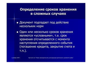 11 декабрядекабря 20042004 гг.. КруглыйКруглый столстол ""НовоеНовое законодательствозаконодательство,, регулирующеерегулирующее деятельностьдеятельность архивнойархивной службыслужбы""
ДокументДокумент подпадаетподпадает подпод действиедействие
несколькихнескольких нормнорм
ОдинОдин илиили нескольконесколько сроковсроков храненияхранения
являютсяявляются ««условнымиусловными»»,, тт..ее.. сроксрок
храненияхранения отсчитываетсяотсчитывается сс моментамомента
наступлениянаступления определенногоопределенного событиясобытия
((погашениепогашение кредитакредита,, закрытиезакрытие счетасчета ии
тт..пп.)..).
ОпределениеОпределение сроковсроков храненияхранения
вв сложныхсложных случаяхслучаях
 