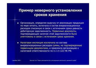 11 декабрядекабря 20042004 гг.. КруглыйКруглый столстол ""НовоеНовое законодательствозаконодательство,, регулирующеерегулирующее деятельностьдеятельность архивнойархивной службыслужбы""
ПримерПример неверногоневерного установленияустановления
сроковсроков храненияхранения
ОрганизацияОрганизация,, определяяопределяя выручкувыручку отот реализацииреализации продукциипродукции
попо меремере оплатыоплаты,, включалавключала вв составсостав внереализационныхвнереализационных
расходоврасходов списаннуюсписанную вв связисвязи сс истечениемистечением срокасрока давностидавности
дебиторскуюдебиторскую задолженностьзадолженность.. ПервичныеПервичные документыдокументы,,
подтверждающиеподтверждающие наличиеналичие этойэтой задолженностизадолженности былибыли
уничтоженыуничтожены вв связисвязи сс истечениемистечением срокасрока храненияхранения..
НалоговаяНалоговая инспекцияинспекция исключилаисключила изиз составасостава
внереализационныхвнереализационных расходоврасходов суммысуммы,, нене подтвержденныеподтвержденные
первичнымипервичными документамидокументами,, ии привлеклапривлекла организациюорганизацию кк
налоговойналоговой ответственностиответственности попо пп.1.1 стст.122.122 НКНК РФРФ..
 