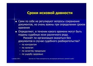 11 декабрядекабря 20042004 гг.. КруглыйКруглый столстол ""НовоеНовое законодательствозаконодательство,, регулирующеерегулирующее деятельностьдеятельность архивнойархивной службыслужбы""
СрокиСроки исковойисковой давностидавности
СамиСами попо себесебе нене регулируютрегулируют вопросывопросы сохранениясохранения
документовдокументов,, ноно оченьочень важныважны припри определенииопределении сроковсроков
храненияхранения
ОпределяютОпределяют,, вв течениитечении какогокакого временивремени могутмогут бытьбыть
поданыподаны судебныесудебные искииски различногоразличного родарода..
РискнётРискнёт лили организацияорганизация оказатьсяоказаться безбез
документовдокументов вв случаеслучае судебногосудебного разбирательстваразбирательства??
–– попо контрактамконтрактам
–– попо налогамналогам
–– попо качествукачеству продукциипродукции
–– попо ущербуущербу здоровьюздоровью
 