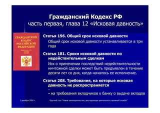 11 декабрядекабря 20042004 гг.. КруглыйКруглый столстол ""НовоеНовое законодательствозаконодательство,, регулирующеерегулирующее деятельностьдеятельность архивнойархивной службыслужбы""
ГражданскийГражданский КодексКодекс РФРФ
частьчасть перваяпервая,, главаглава 1212 ««ИсковаяИсковая давностьдавность»»
СтатьяСтатья 196.196. ОбщийОбщий сроксрок исковойисковой давностидавности
ОбщийОбщий сроксрок исковойисковой давностидавности устанавливаетсяустанавливается вв тритри
годагода
СтатьяСтатья 181.181. СрокиСроки исковойисковой давностидавности попо
недействительнымнедействительным сделкамсделкам
ИскИск оо примененииприменении последствийпоследствий недействительностинедействительности
ничтожнойничтожной сделкисделки можетможет бытьбыть предъявленпредъявлен вв течениетечение
десятидесяти летлет сосо днядня,, когдакогда началосьначалось ееее исполнениеисполнение..
СтатьяСтатья 208.208. ТребованияТребования,, нана которыекоторые исковаяисковая
давностьдавность нене распространяетсяраспространяется
……
-- нана требованиятребования вкладчиковвкладчиков кк банкубанку оо выдачевыдаче вкладоввкладов
 