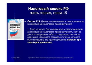 11 декабрядекабря 20042004 гг.. КруглыйКруглый столстол ""НовоеНовое законодательствозаконодательство,, регулирующеерегулирующее деятельностьдеятельность архивнойархивной службыслужбы""
НалоговыйНалоговый кодекскодекс РФРФ
частьчасть перваяпервая,, главаглава 1515
СтатьяСтатья 113.113. ДавностьДавность привлеченияпривлечения кк ответственностиответственности
заза совершениесовершение налоговогоналогового правонарушенияправонарушения
1.1. ЛицоЛицо нене можетможет бытьбыть привлеченопривлечено кк ответственностиответственности
заза совершениесовершение налоговогоналогового правонарушенияправонарушения,, еслиесли сосо
днядня егоего совершениясовершения либолибо сосо следующегоследующего днядня послепосле
окончанияокончания налоговогоналогового периодапериода,, вв течениетечение которогокоторого
былобыло совершеносовершено этоэто правонарушениеправонарушение,, истеклиистекли тритри
годагода ((сроксрок давностидавности).).
 