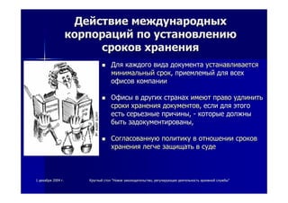 11 декабрядекабря 20042004 гг.. КруглыйКруглый столстол ""НовоеНовое законодательствозаконодательство,, регулирующеерегулирующее деятельностьдеятельность архивнойархивной службыслужбы""
ДействиеДействие международныхмеждународных
корпорацийкорпораций попо установлениюустановлению
сроковсроков храненияхранения
ДляДля каждогокаждого видавида документадокумента устанавливаетсяустанавливается
минимальныйминимальный сроксрок,, приемлемыйприемлемый длядля всехвсех
офисовофисов компаниикомпании
ОфисыОфисы вв другихдругих странахстранах имеютимеют правоправо удлинитьудлинить
срокисроки храненияхранения документовдокументов,, еслиесли длядля этогоэтого
естьесть серьезныесерьезные причиныпричины,, -- которыекоторые должныдолжны
бытьбыть задокументированызадокументированы,,
СогласованнуюСогласованную политикуполитику вв отношенииотношении сроковсроков
храненияхранения легчелегче защищатьзащищать вв судесуде
 