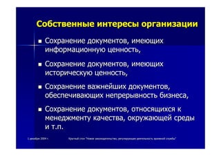 11 декабрядекабря 20042004 гг.. КруглыйКруглый столстол ""НовоеНовое законодательствозаконодательство,, регулирующеерегулирующее деятельностьдеятельность архивнойархивной службыслужбы""
СобственныеСобственные интересыинтересы организацииорганизации
СохранениеСохранение документовдокументов,, имеющихимеющих
информационнуюинформационную ценностьценность,,
СохранениеСохранение документовдокументов,, имеющихимеющих
историческуюисторическую ценностьценность,,
СохранениеСохранение важнейшихважнейших документовдокументов,,
обеспечивающихобеспечивающих непрерывностьнепрерывность бизнесабизнеса,,
СохранениеСохранение документовдокументов,, относящихсяотносящихся кк
менеджментуменеджменту качествакачества,, окружающейокружающей средысреды
ии тт..пп..
 