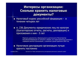 11 декабрядекабря 20042004 гг.. КруглыйКруглый столстол ""НовоеНовое законодательствозаконодательство,, регулирующеерегулирующее деятельностьдеятельность архивнойархивной службыслужбы""
ИнтересыИнтересы организацииорганизации::
СколькоСколько хранитьхранить налоговыеналоговые
документыдокументы??
НалоговыйНалоговый кодекскодекс российскойроссийской федерациифедерации -- вв
течениитечении четырехчетырех летлет
пп. 236. 236 ДокументыДокументы юридическихюридических лицлиц попо налогамналогам
((бухгалтерскиебухгалтерские отчетыотчеты,, расчетырасчеты,, декларациидекларации)) ии
приложенияприложения кк нимним -- 55 летлет
ПереченьПеречень документовдокументов,, образующихсяобразующихся вв деятельностидеятельности МинистерстваМинистерства
РоссийскойРоссийской ФедерацииФедерации попо налогамналогам ии сборамсборам,, егоего территориальныхтерриториальных органоворганов ии
подведомственныхподведомственных организацийорганизаций,, сс указаниемуказанием сроковсроков храненияхранения 20042004 годгод
НалоговуюНалоговую декларациюдекларацию организацииорганизации лучшелучше
хранитьхранить постояннопостоянно
 