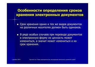 11 декабрядекабря 20042004 гг.. КруглыйКруглый столстол ""НовоеНовое законодательствозаконодательство,, регулирующеерегулирующее деятельностьдеятельность архивнойархивной службыслужбы""
ОсобенностиОсобенности определенияопределения сроковсроков
храненияхранения электронныхэлектронных документовдокументов
СрокСрок храненияхранения одниходних ии техтех жеже видоввидов документовдокументов
нана различныхразличных носителяхносителях должендолжен бытьбыть одинаководинаков..
ВВ рядеряде особыхособых случаевслучаев припри переводепереводе документовдокументов
вв электроннуюэлектронную формуформу ихих ценностьценность можетможет
изменитьсяизмениться,, аа значитзначит можетможет изменитьсяизмениться ии ихих
сроксрок храненияхранения..
 