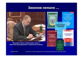 11 декабрядекабря 20042004 гг.. КруглыйКруглый столстол ""НовоеНовое законодательствозаконодательство,, регулирующеерегулирующее деятельностьдеятельность архивнойархивной службыслужбы""
ЗаконовЗаконов немалонемало ……
Президент Путин подписывает закон о
валютном регулировании и валютном контроле
 