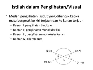 Istilah dalam Penglihatan/Visual
• Medan penglihatan: sudut yang dibentuk ketika
mata bergerak ke kiri terjauh dan ke kanan terjauh
– Daerah I, penglihatan binokuler
– Daerah II, penglihatan monokuler kiri
– Daerah III, penglihatan monokuler kanan
– Daerah IV, daerah buta
I
IIIII
IV
62-70 62-70
94-104 94-104
 